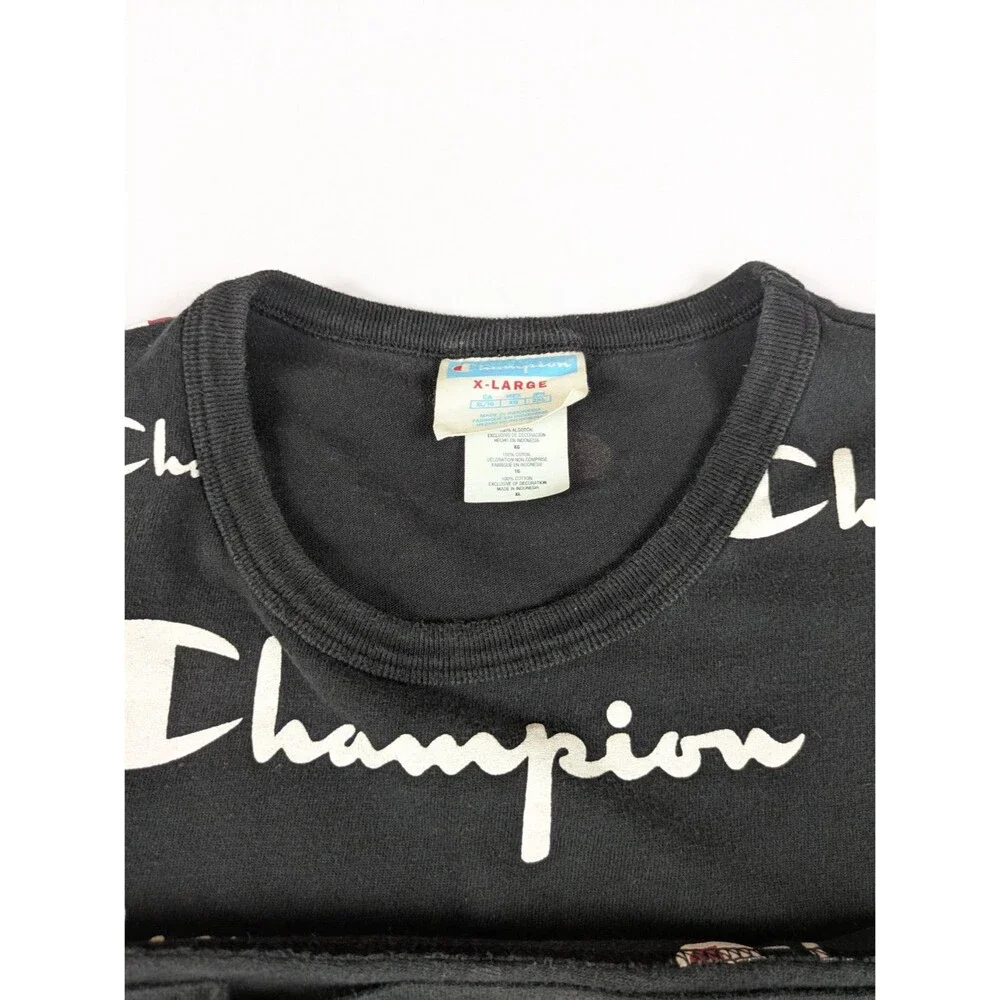 VTG Champion T-Shirt Mens Size XL Black Script Logo AOP Athletic Gym Streetwear - Picture 3 of 5